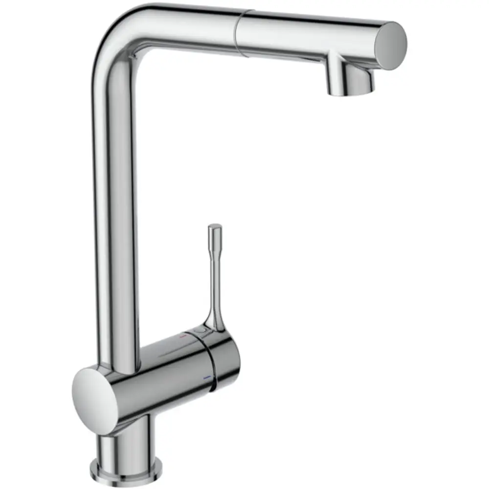 Küchenarmatur von Ideal Standard mit hohem Auslauf, verchromter Oberfläche und seitlichem Bedienhebel. Modernes Design mit klaren Linien.
